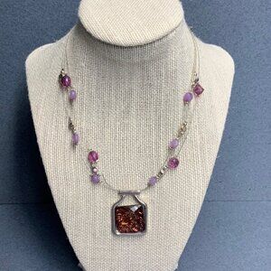 Triple Strand Wire Necklace 16 In As Is Silver Purple Beads Amber Pendant Retro